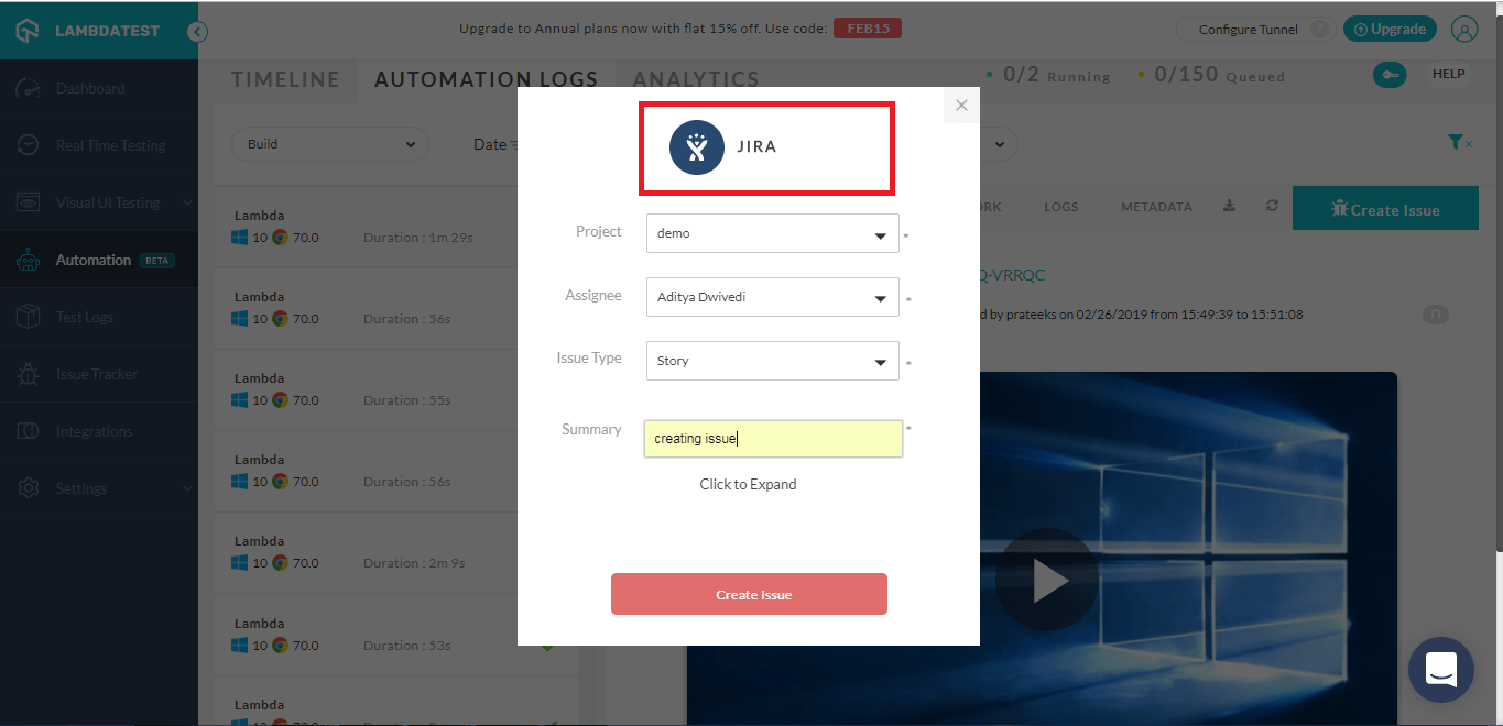 Once you click on the highlight bug icon, a form specific to your installed integration would open up. For instance, if you have integrated JIRA with LambdaTest then you may receive the below form