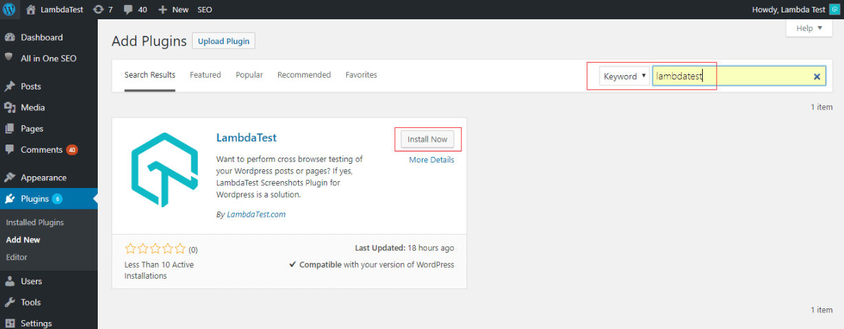 WordPress Plugin Of LambdaTest