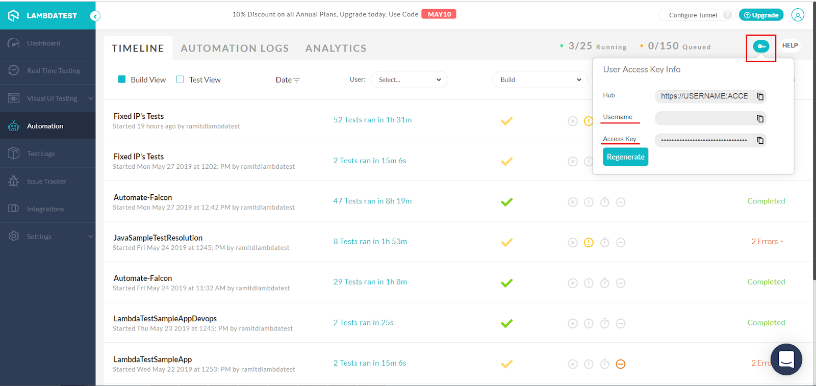  LambdaTest Automation Dashboard