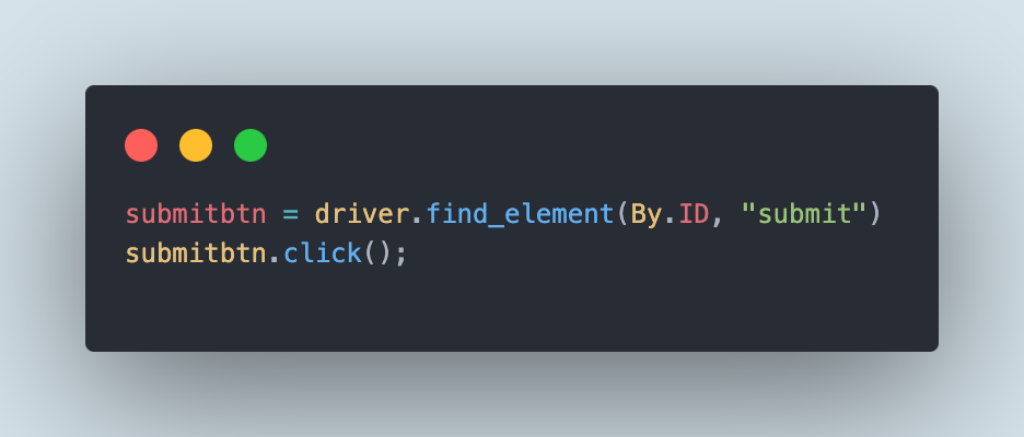  code snippet shows how to perform a click on a button using Selenium Python