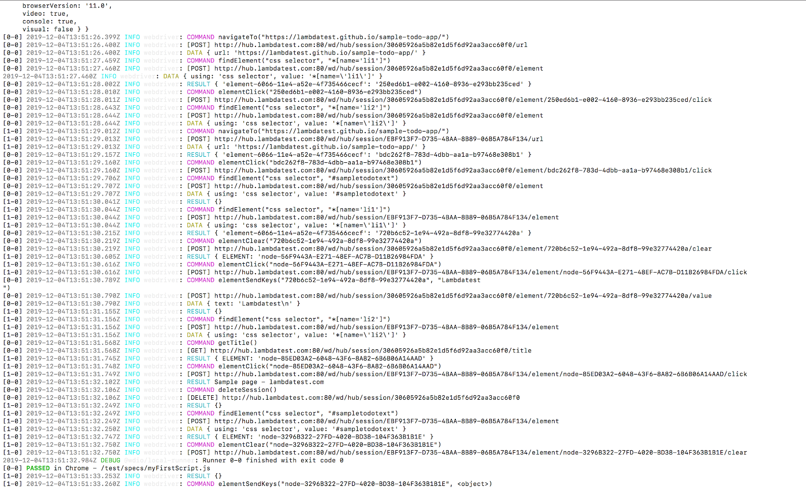 webdriverIO code logs