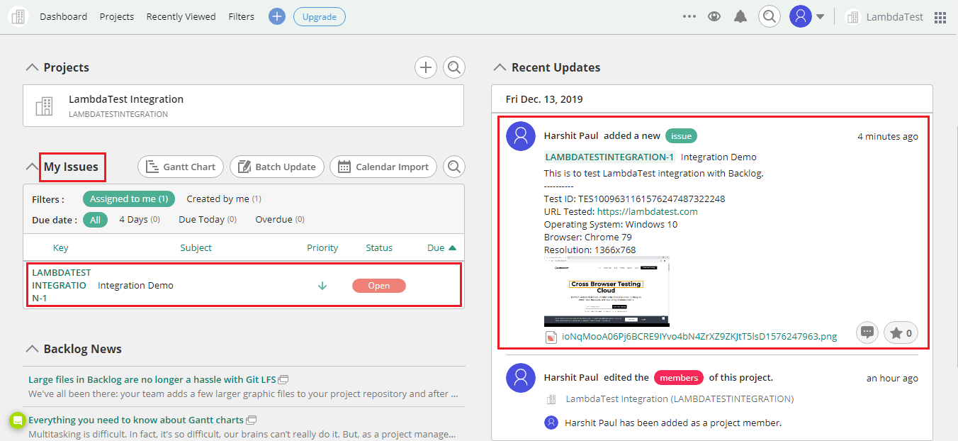 LambdaTest Integration with Backlog