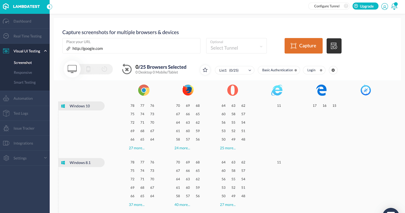 combinations of OS and browser