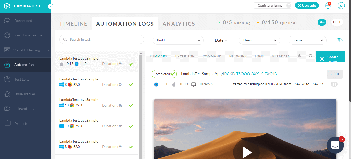 Selenium testing logs