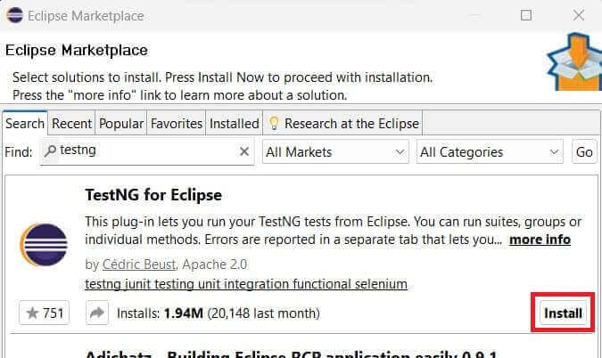  TestNG in the search bar and click on install