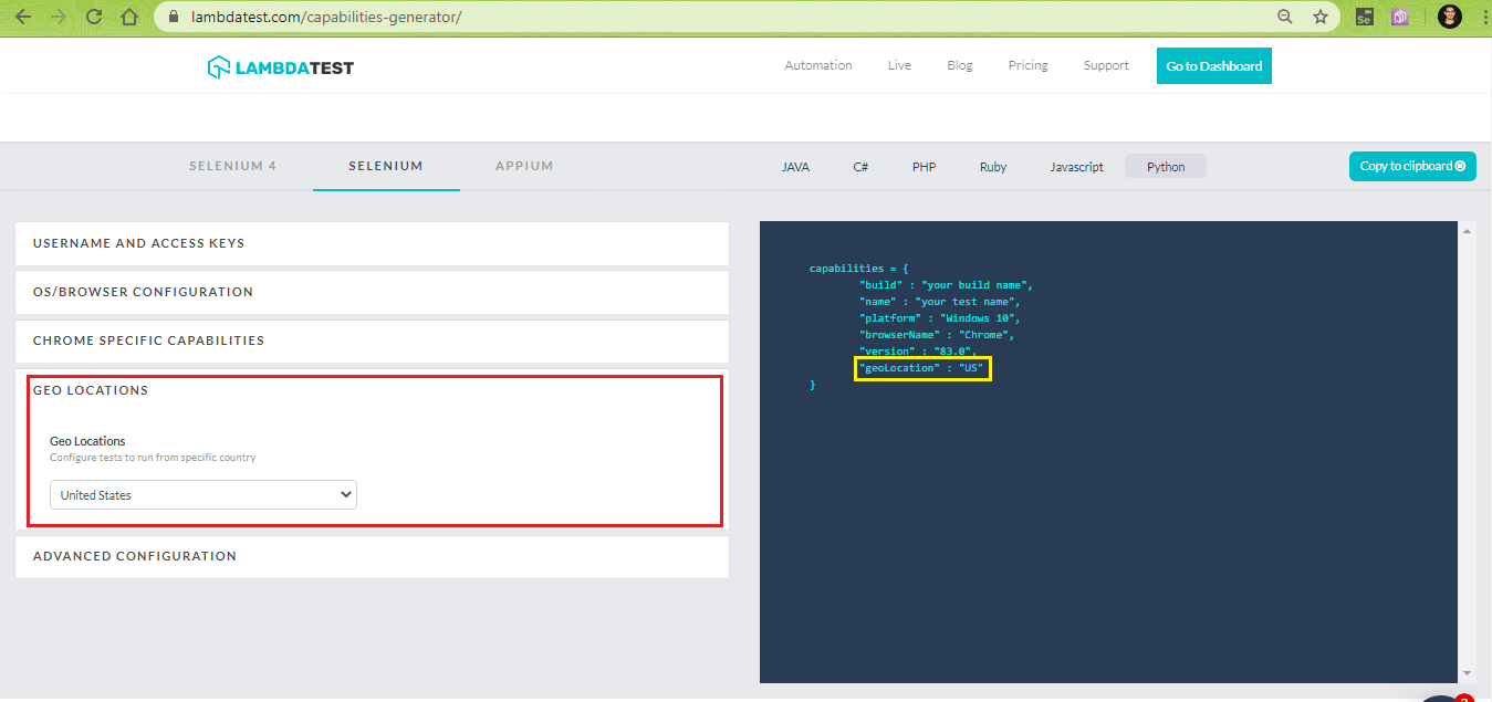 geolocation testing on a local Selenium grid 