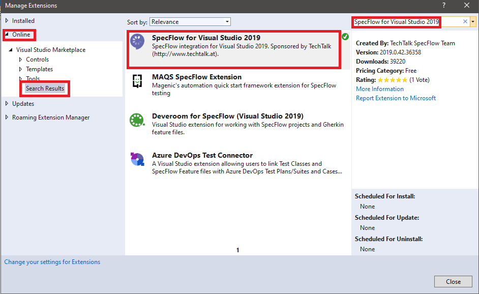 specFlow for Visual Studio 2019