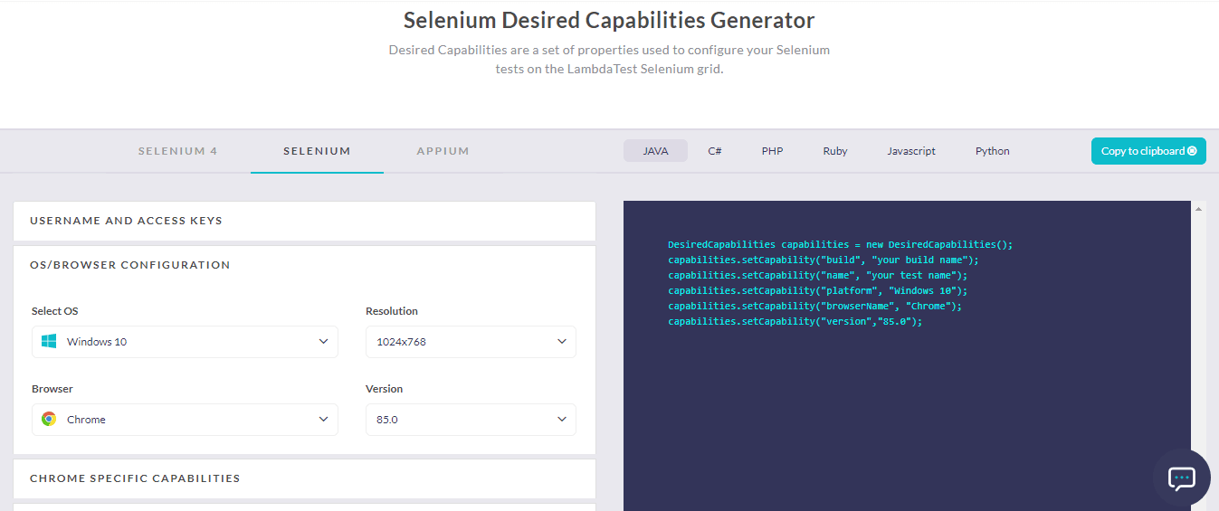 Selenium Capabilities Generator