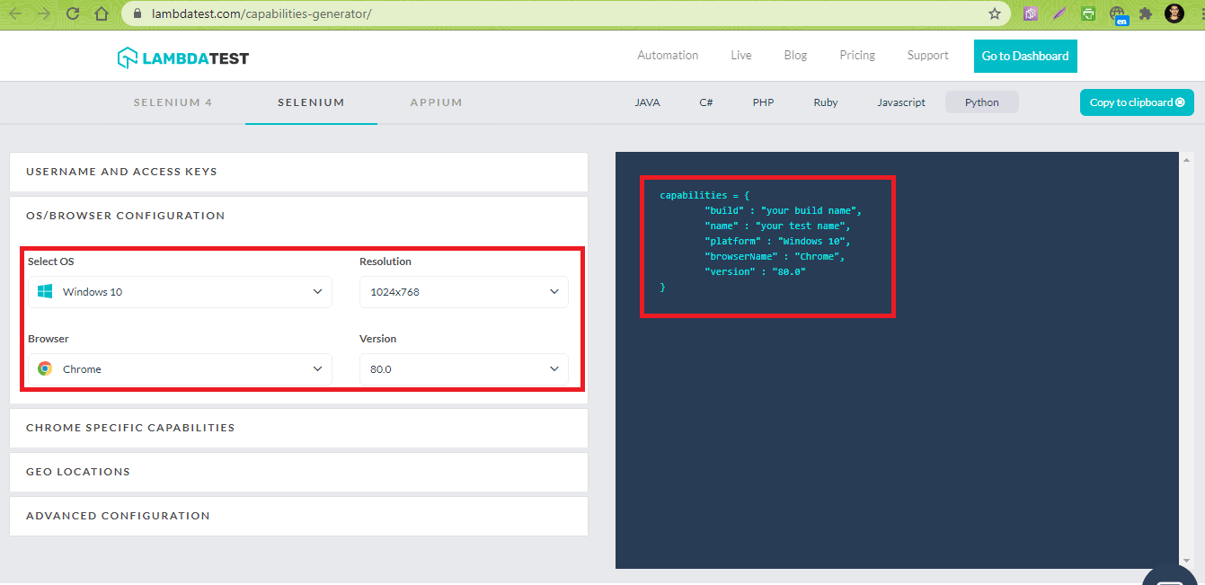 LambdaTest capabilities generator