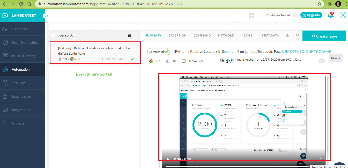  LambdaTest automation dashboard