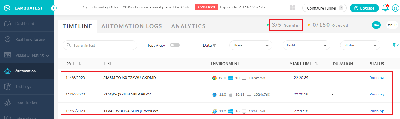 LambdaTest Automation Testing Dashboard