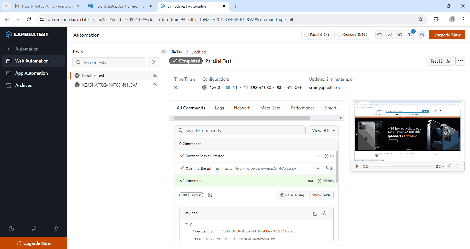 execution results on the lambdatest platform in web automation menu