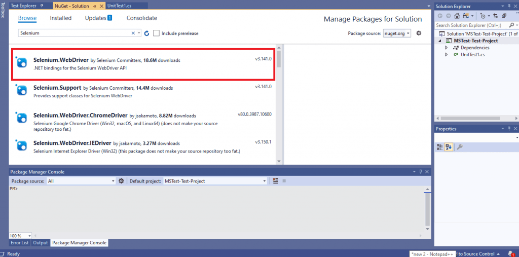 visual studio selenium webdriver