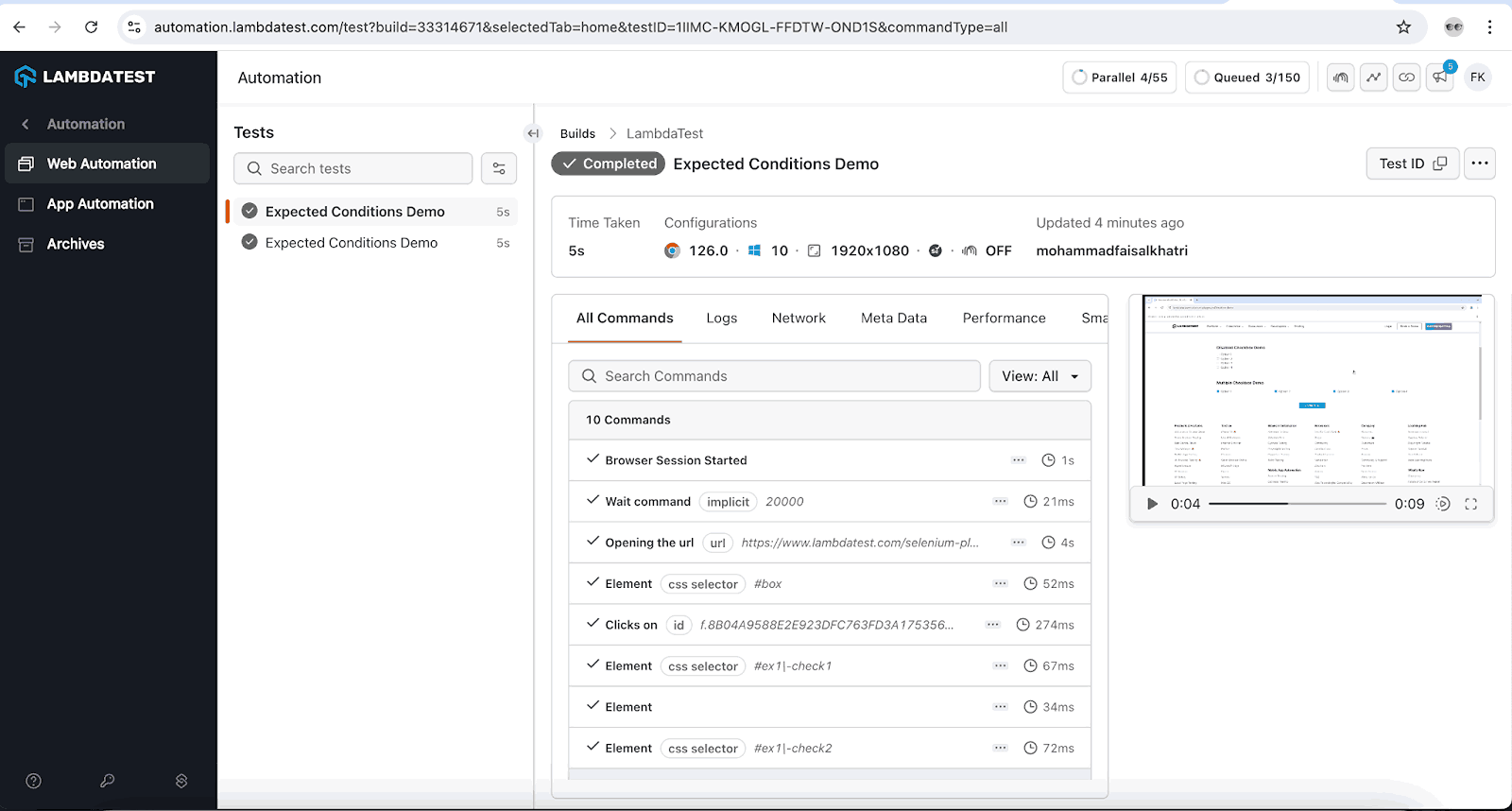 LambdaTest dashboard displaying test details