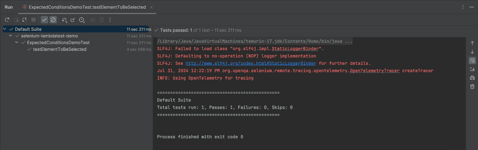 Screenshot showing successful execution of Selenium tests in IntelliJ IDE