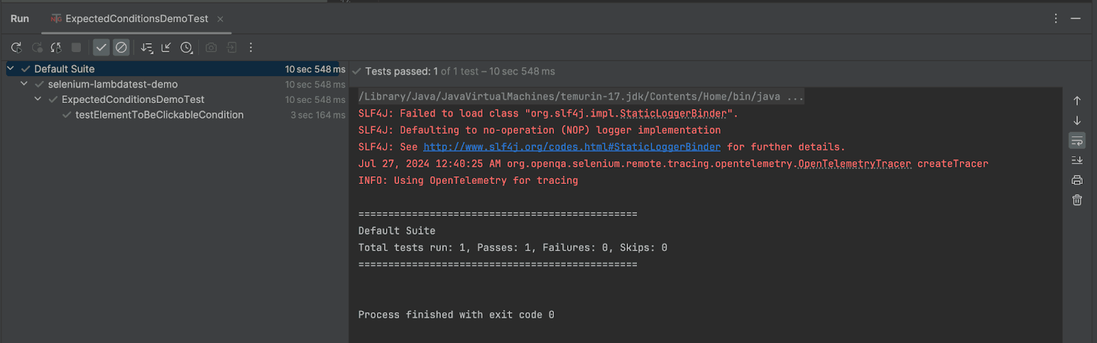 screenshots show the successful execution of the tests running on IntelliJ IDE