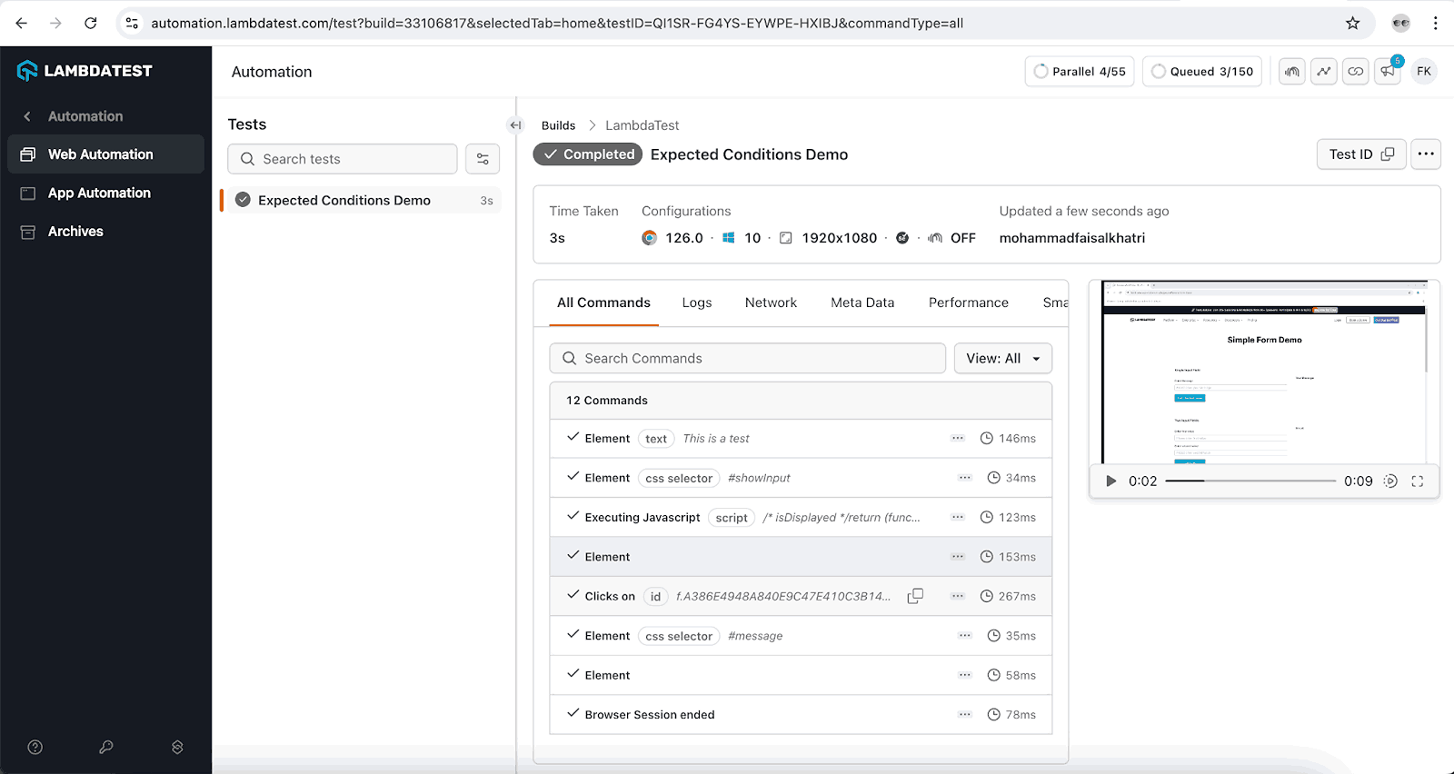 test is shown on the LambdaTest dashboard 