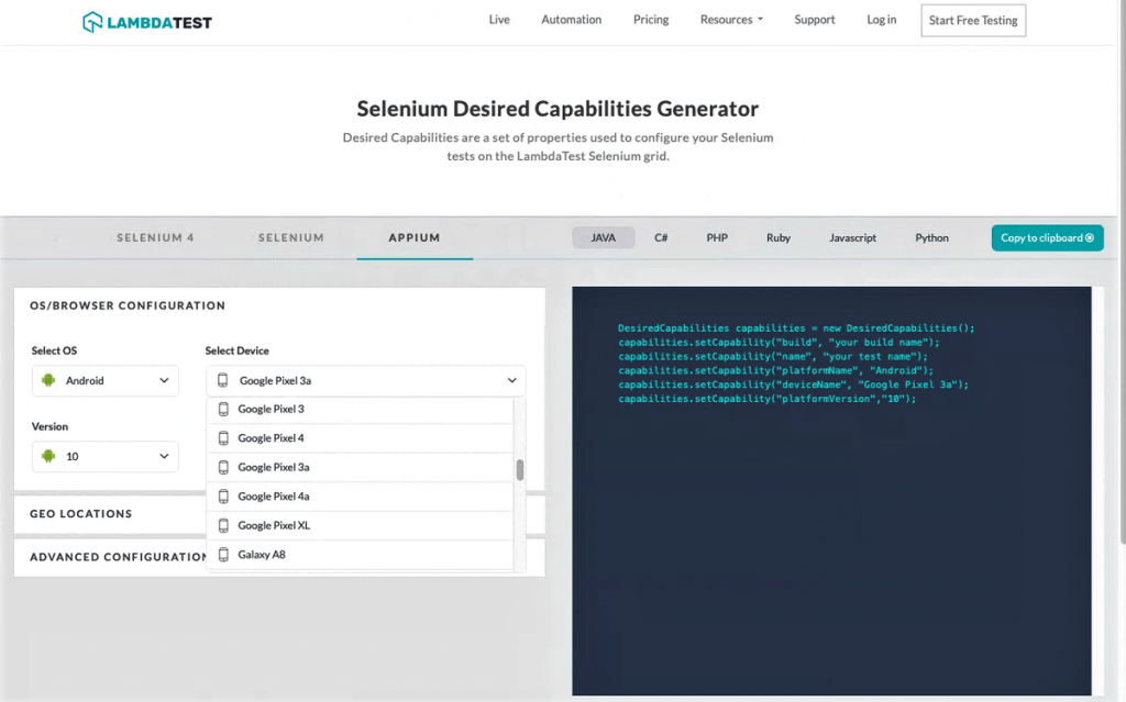 desired capabilities generator