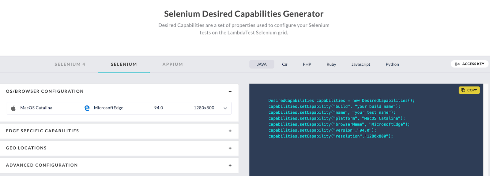 Selenium Capabilities Generator