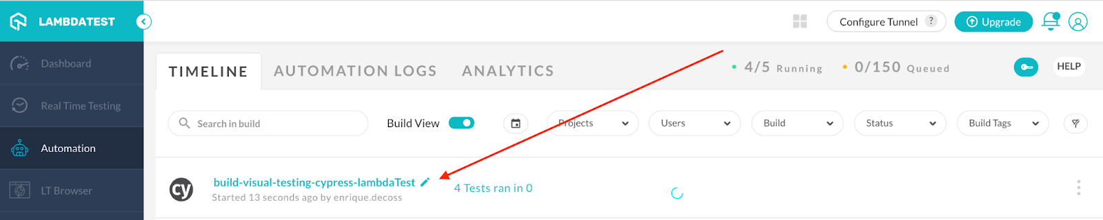 LambdaTest Automation Dashboard