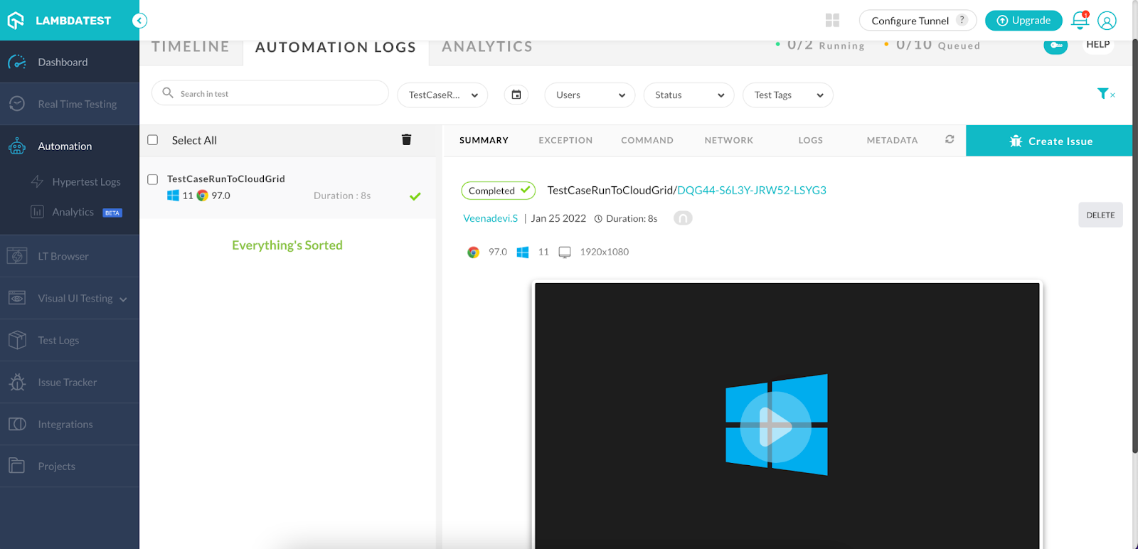 LambdaTest Automation Dashboard