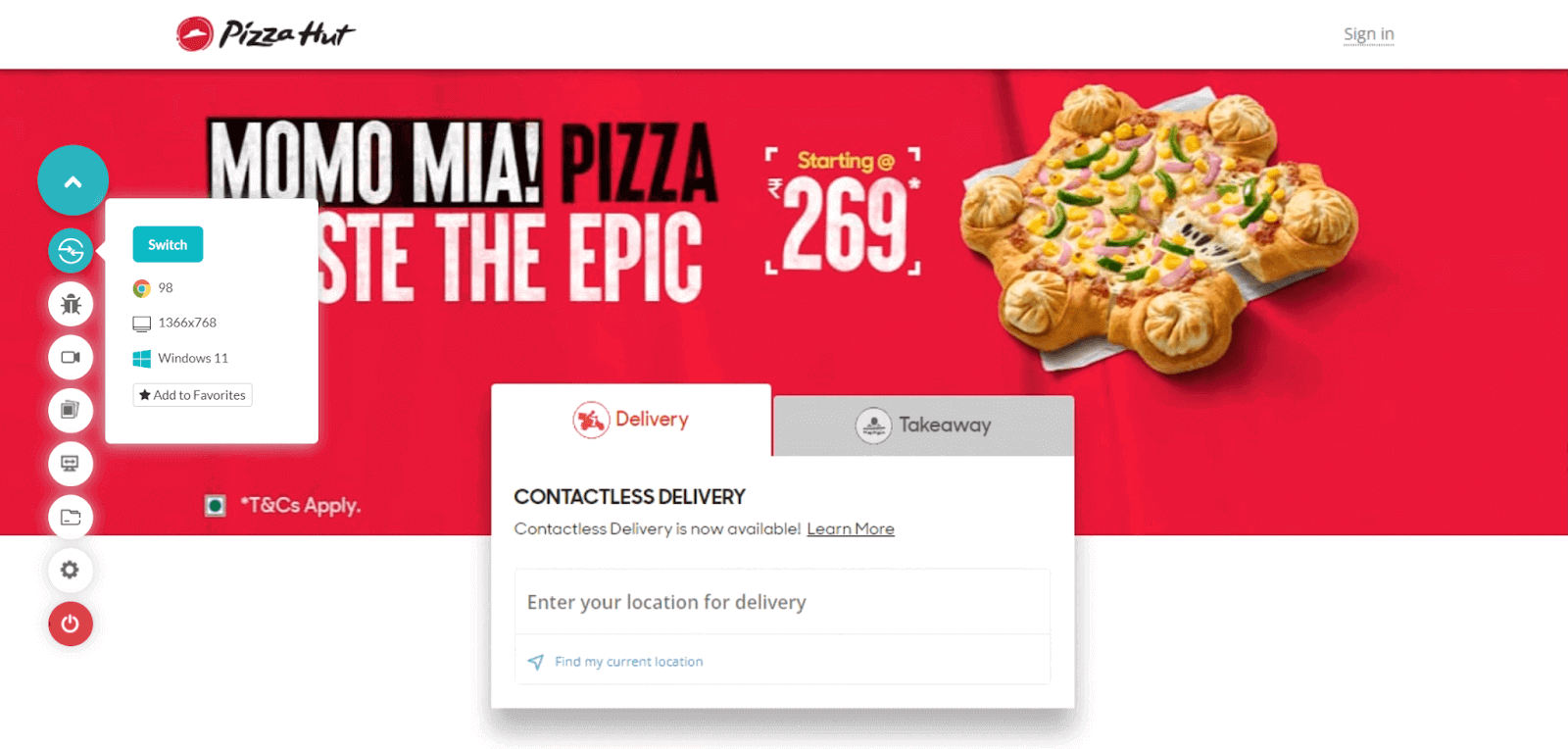 snapshot of the Pizza Hut website