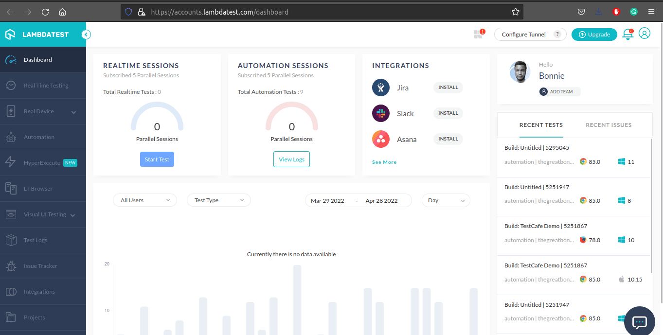 Lambdatest Dashboard 