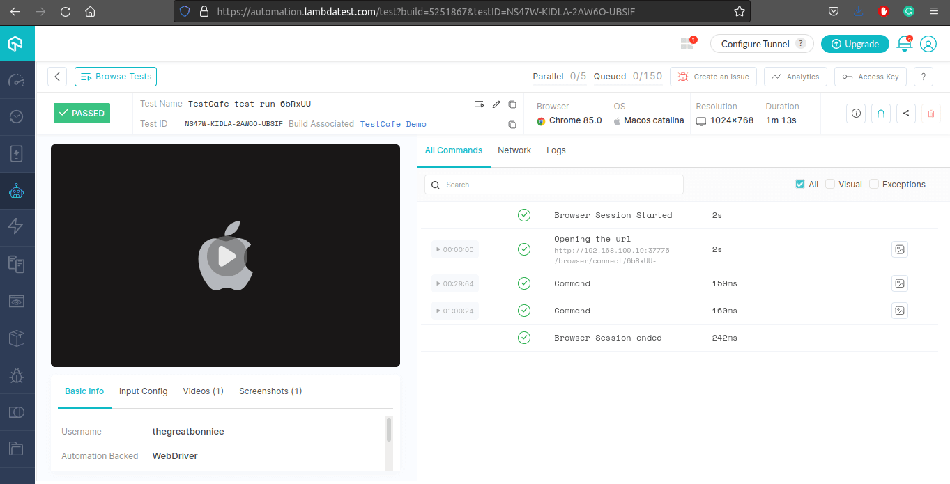 Lambdatest Dashboard for Testing 