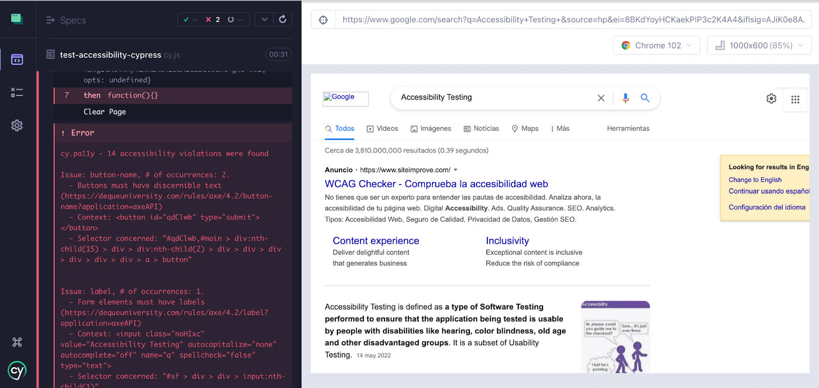 Cypress accessibility testing approach is working 