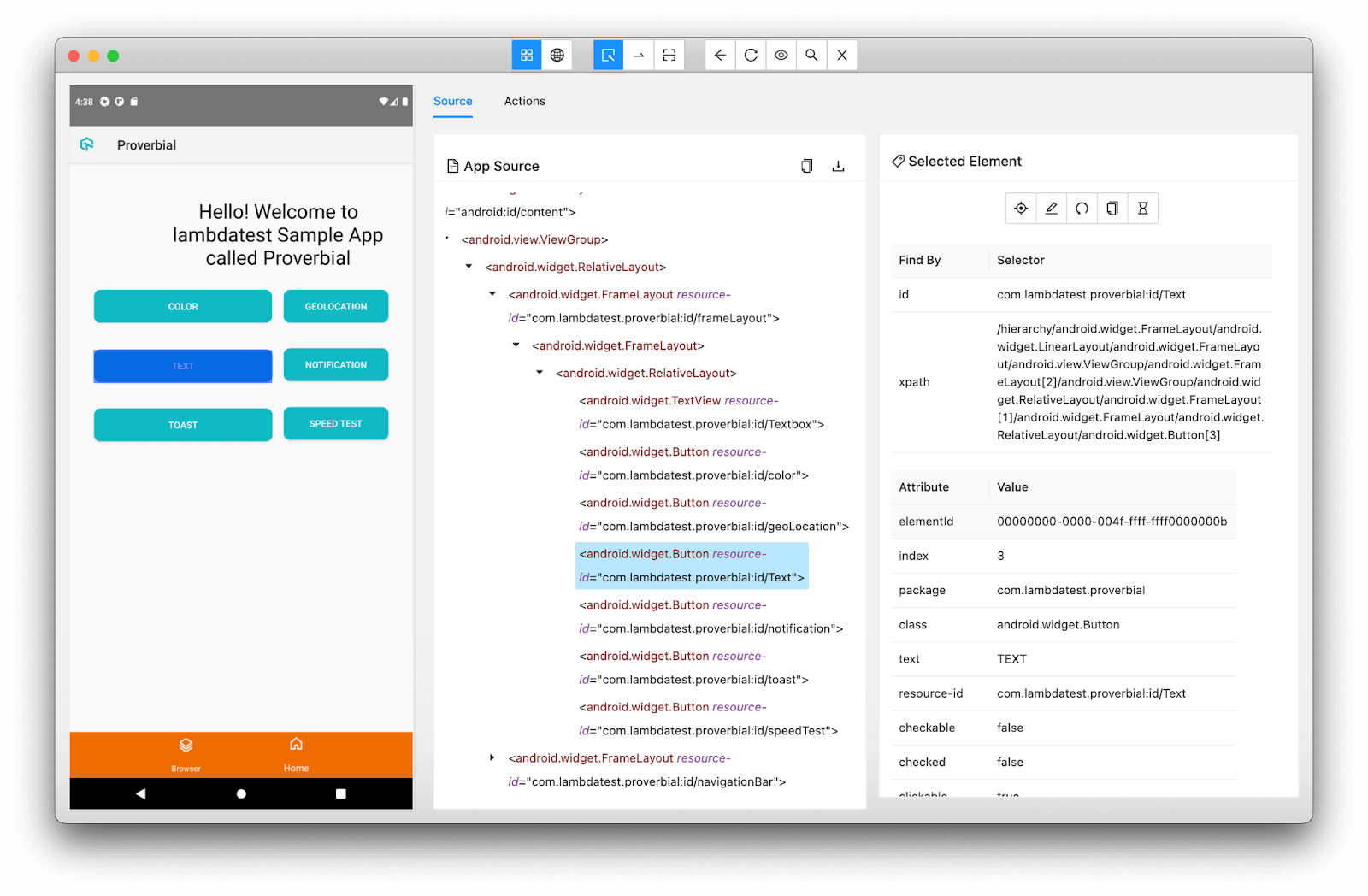 Appium inspector session 