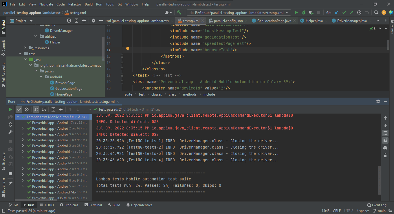 execution status of the tests 