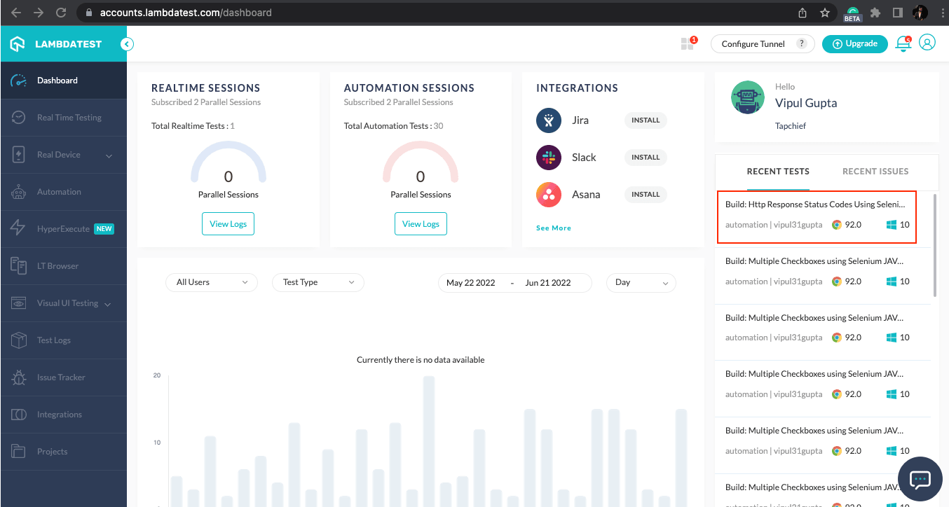 LamdbaTest Dashboard