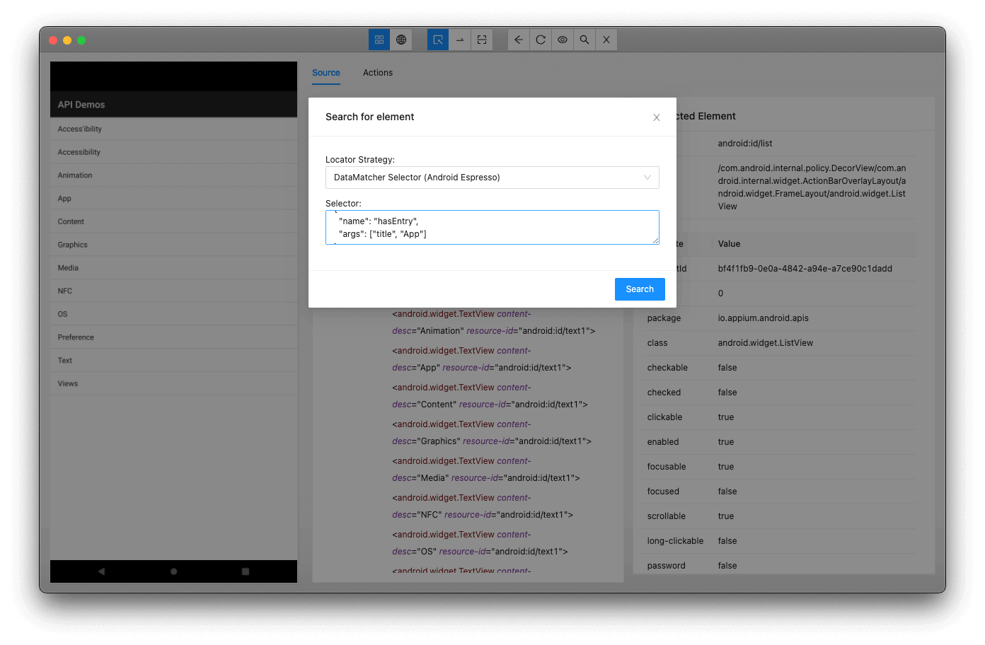 Search for element in appium inspector