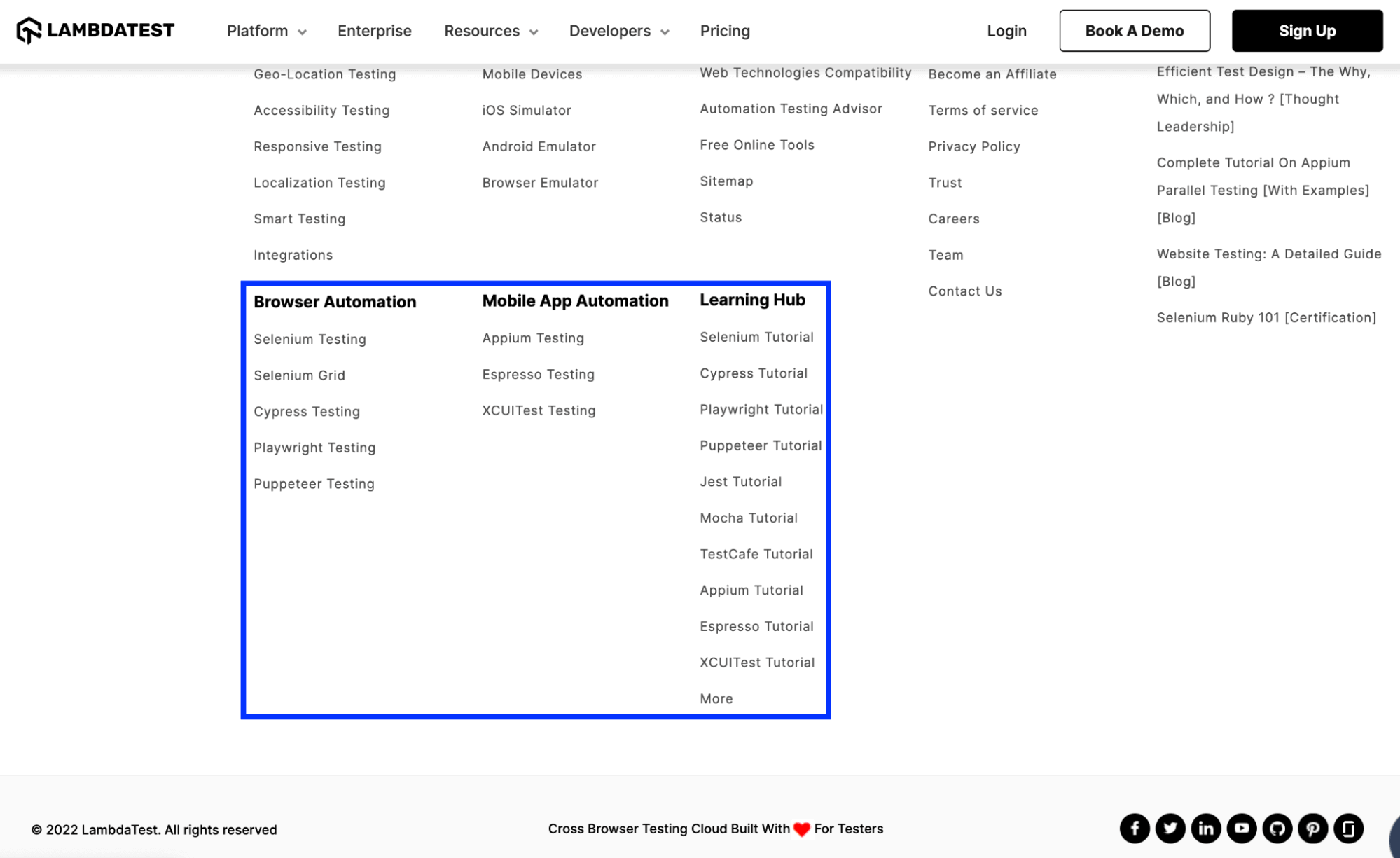 automation testing and mobile automation testing. Links to LambdaTest Learning Hub