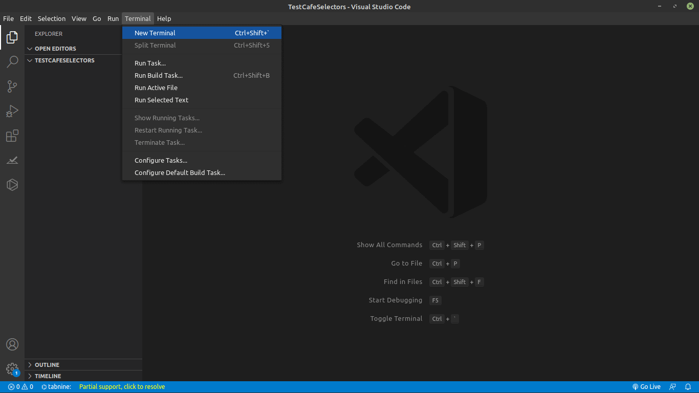 TestCafeSelectors” folder has opened on VS Code