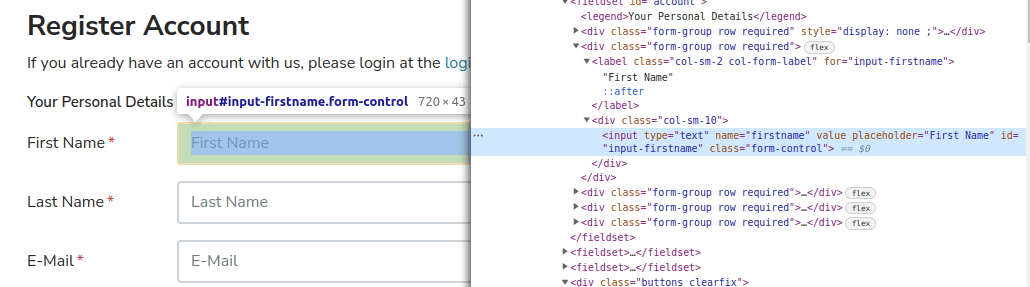 First Name” input tag has attribute name