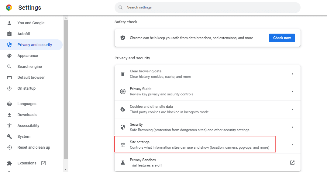Privacy and security, then Site settings