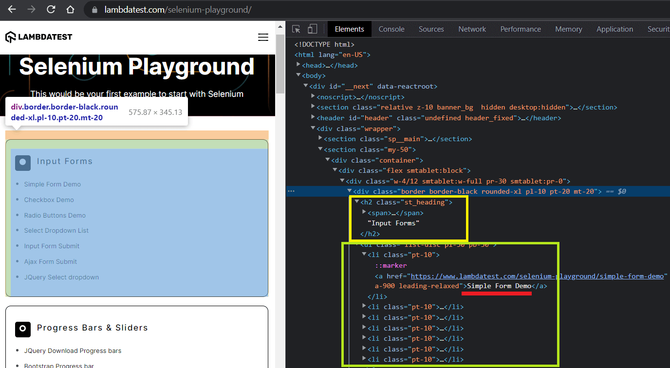 Selenium playground sample page devtool