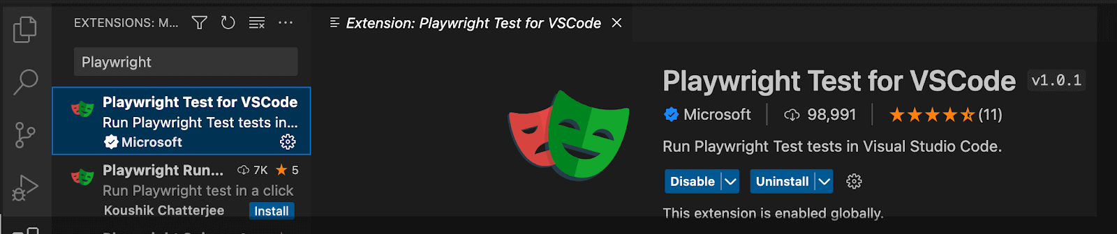 Playwright extension in VS Code