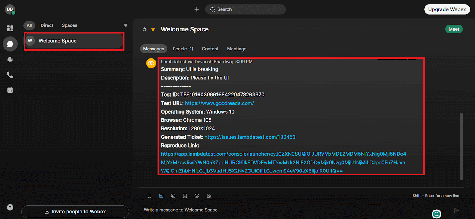 LambdaTest Integration with Webex Teams 