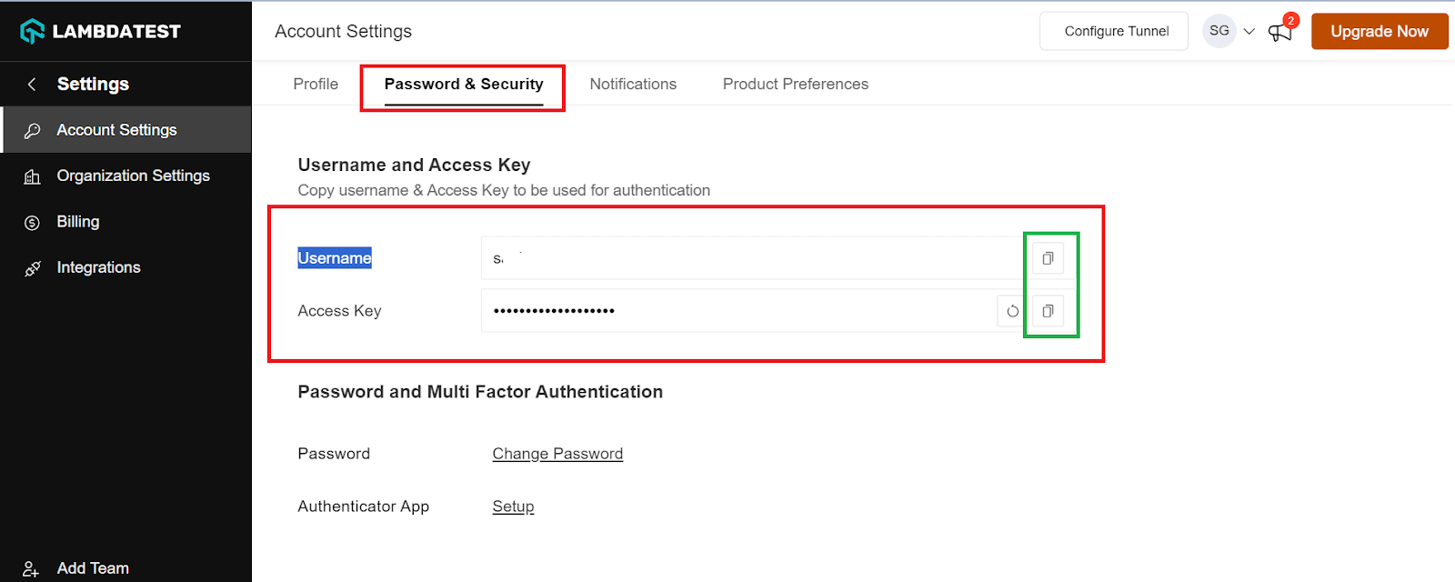 Password and Security tab.