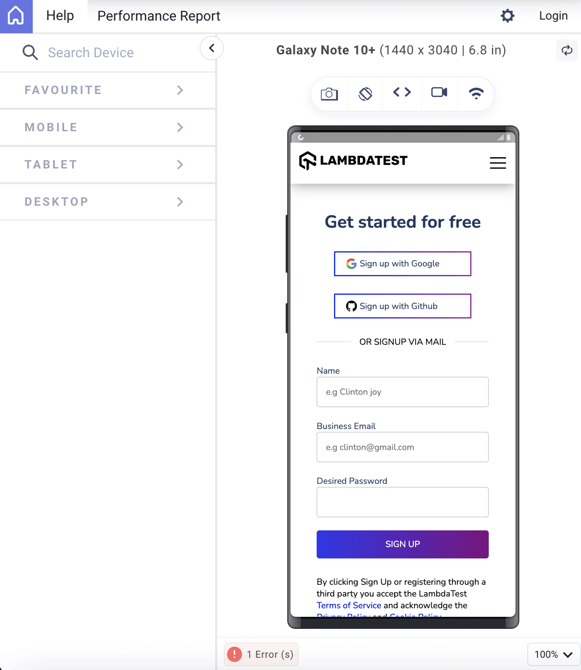 Screenshot of the design on a Galaxy Note 10 with media queries