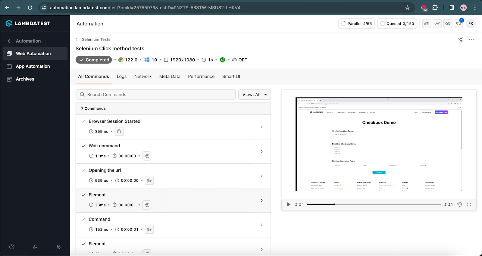 successful test execution performed on the LambdaTest cloud grid