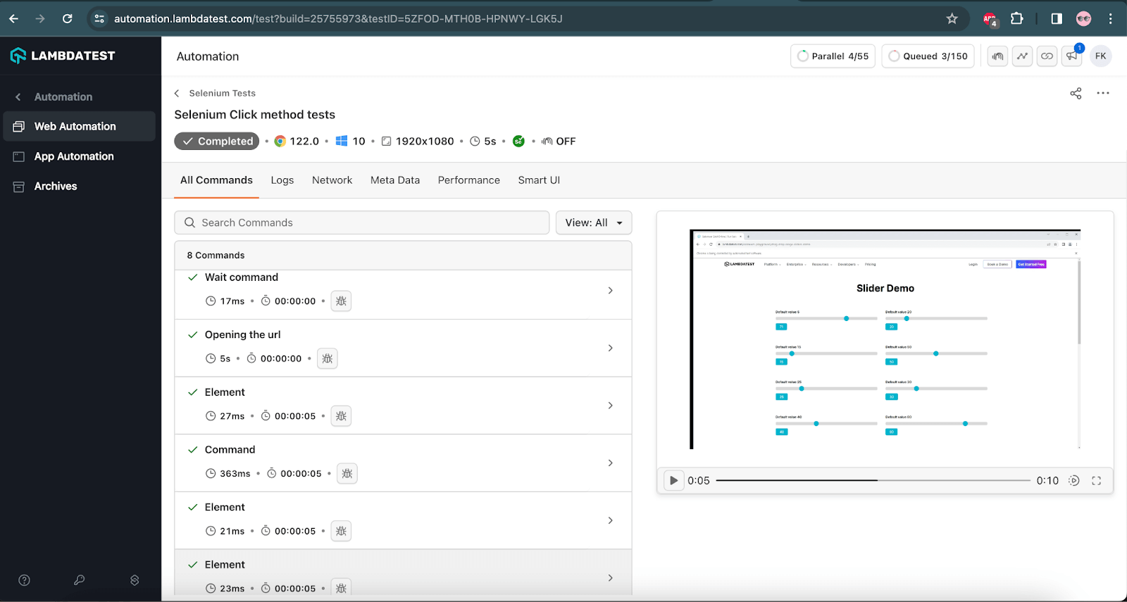 LambdaTest cloud grid shows the successful execution