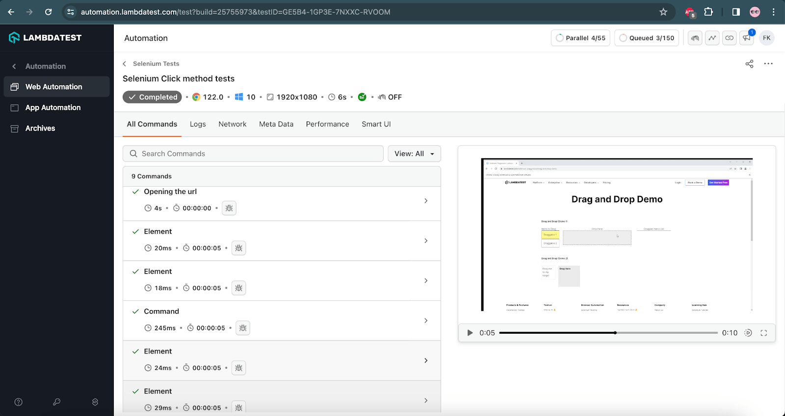 screenshot shows that the test was executed successfully