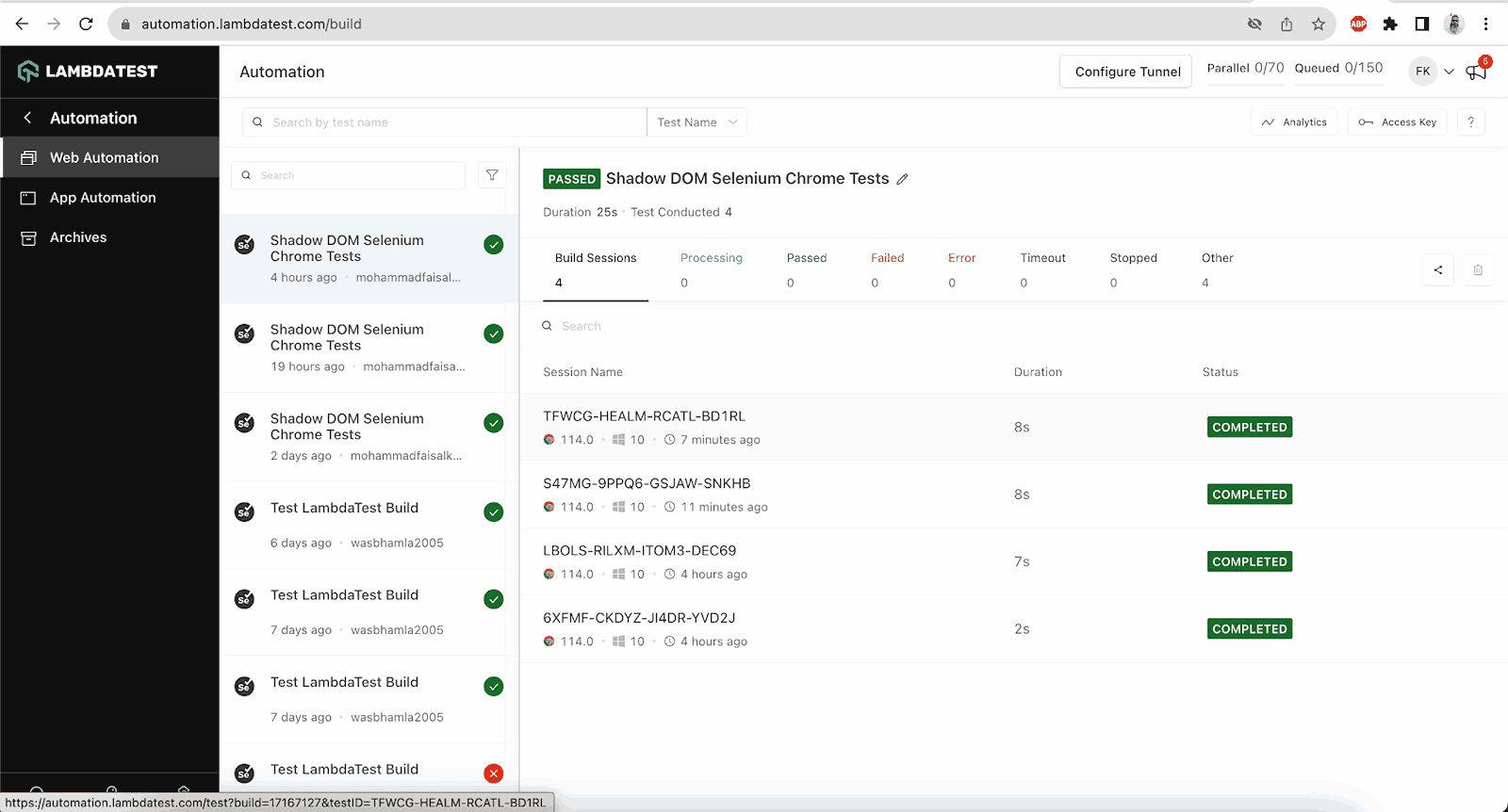 LambdaTest Web Automation Dashboard