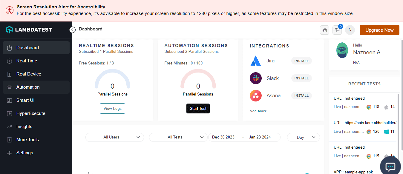 Log into your LambdaTest account and navigate to Automation