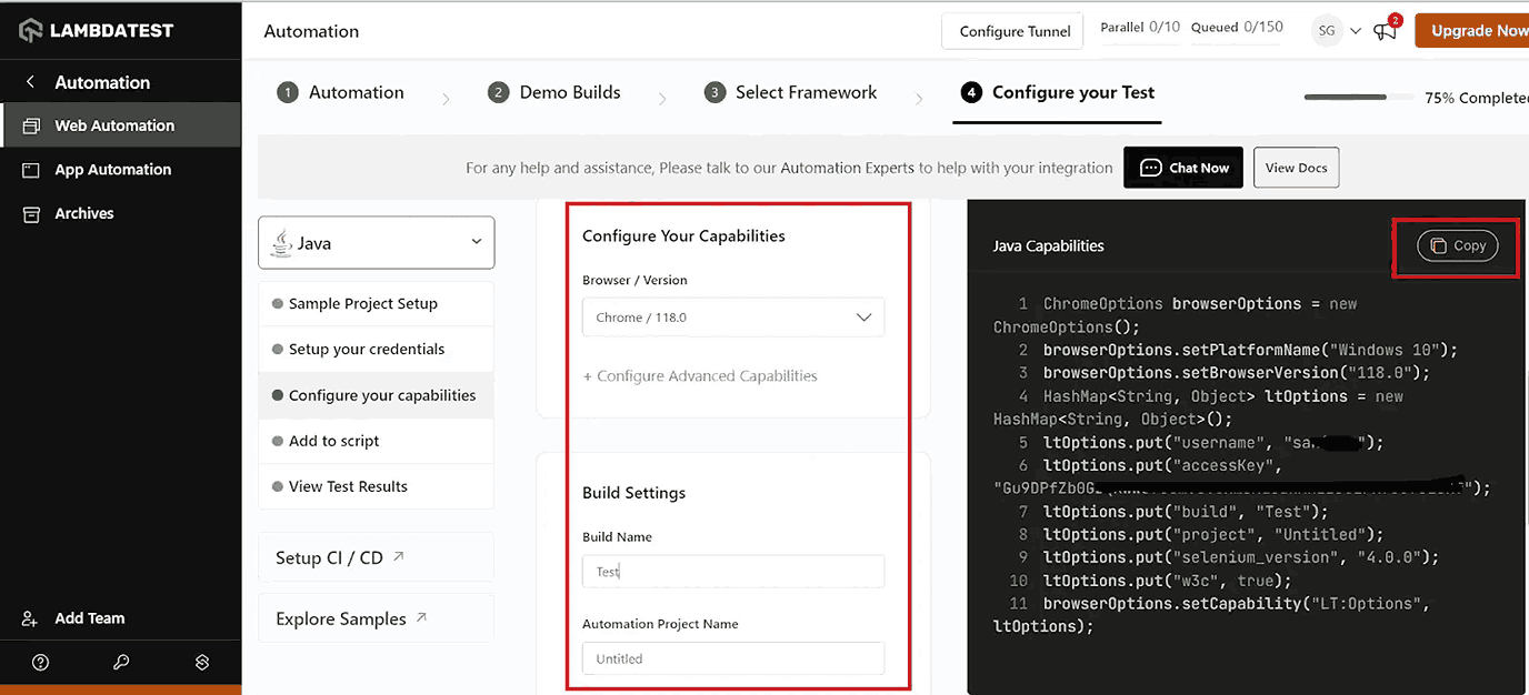 lambda test capabilities generator