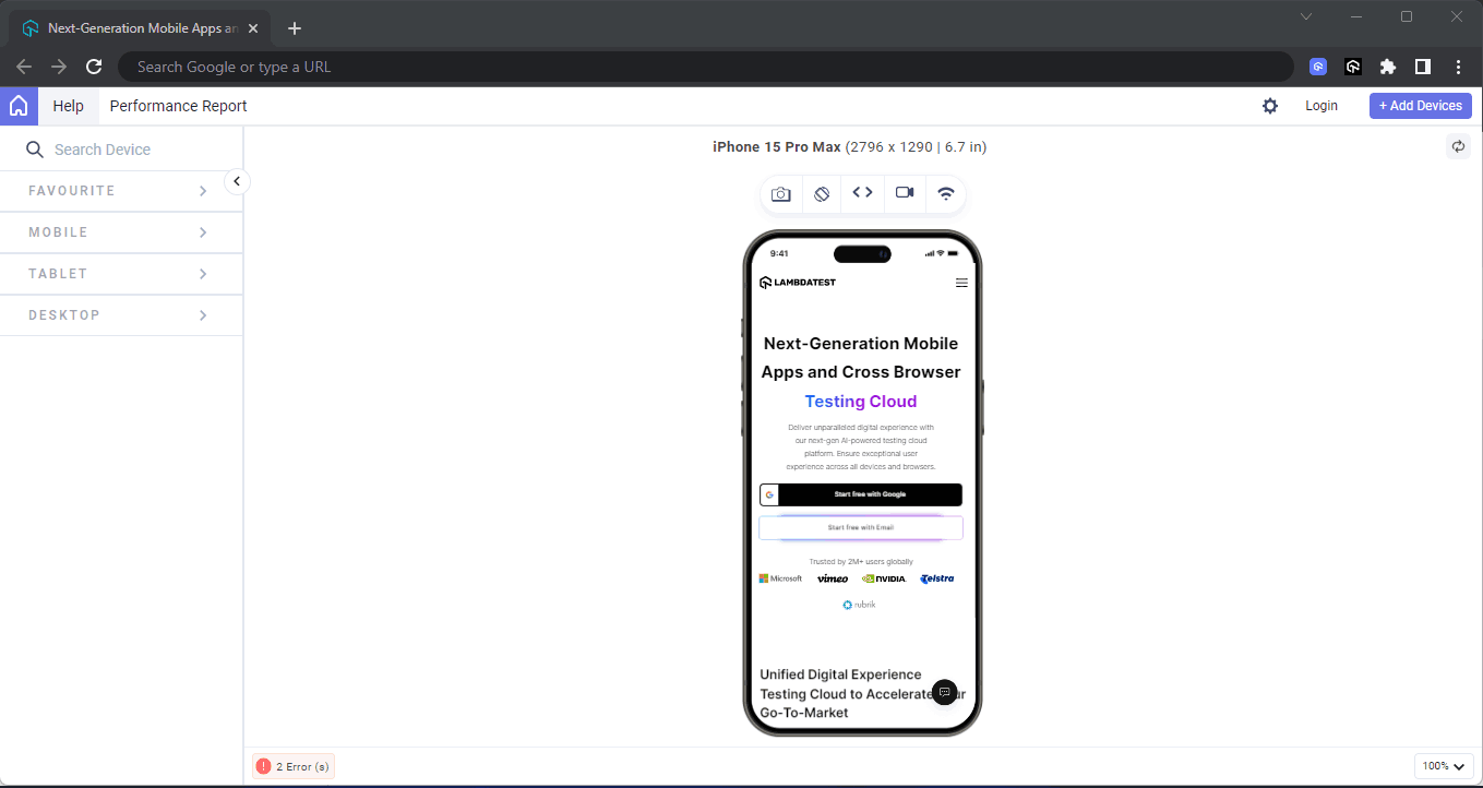 lambdatest website is accessed with a mobile phone