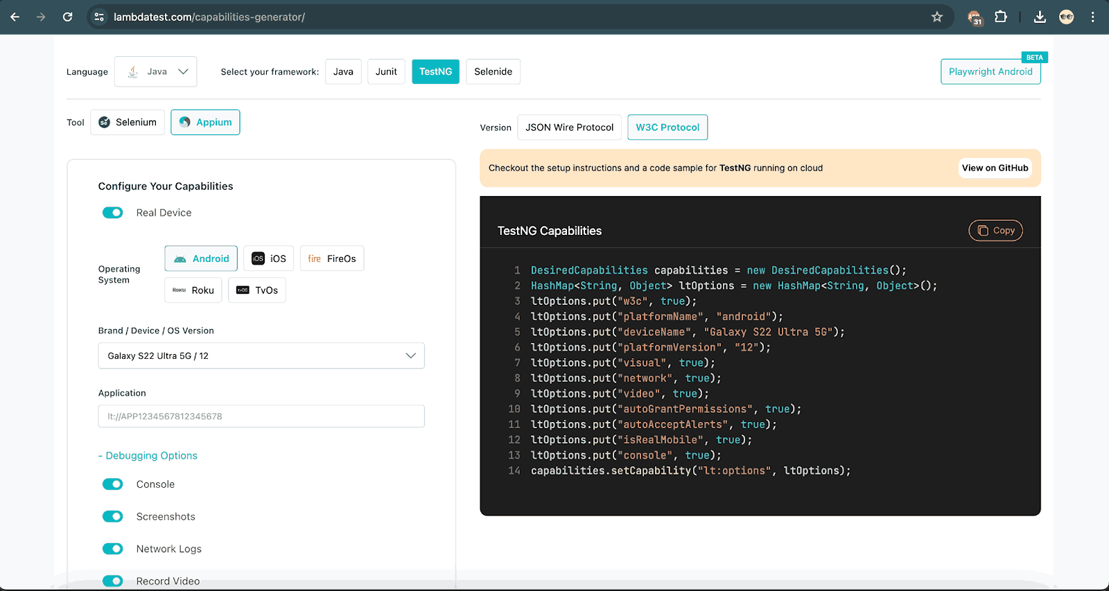 use the LambdaTest Automation Capabilities Generator